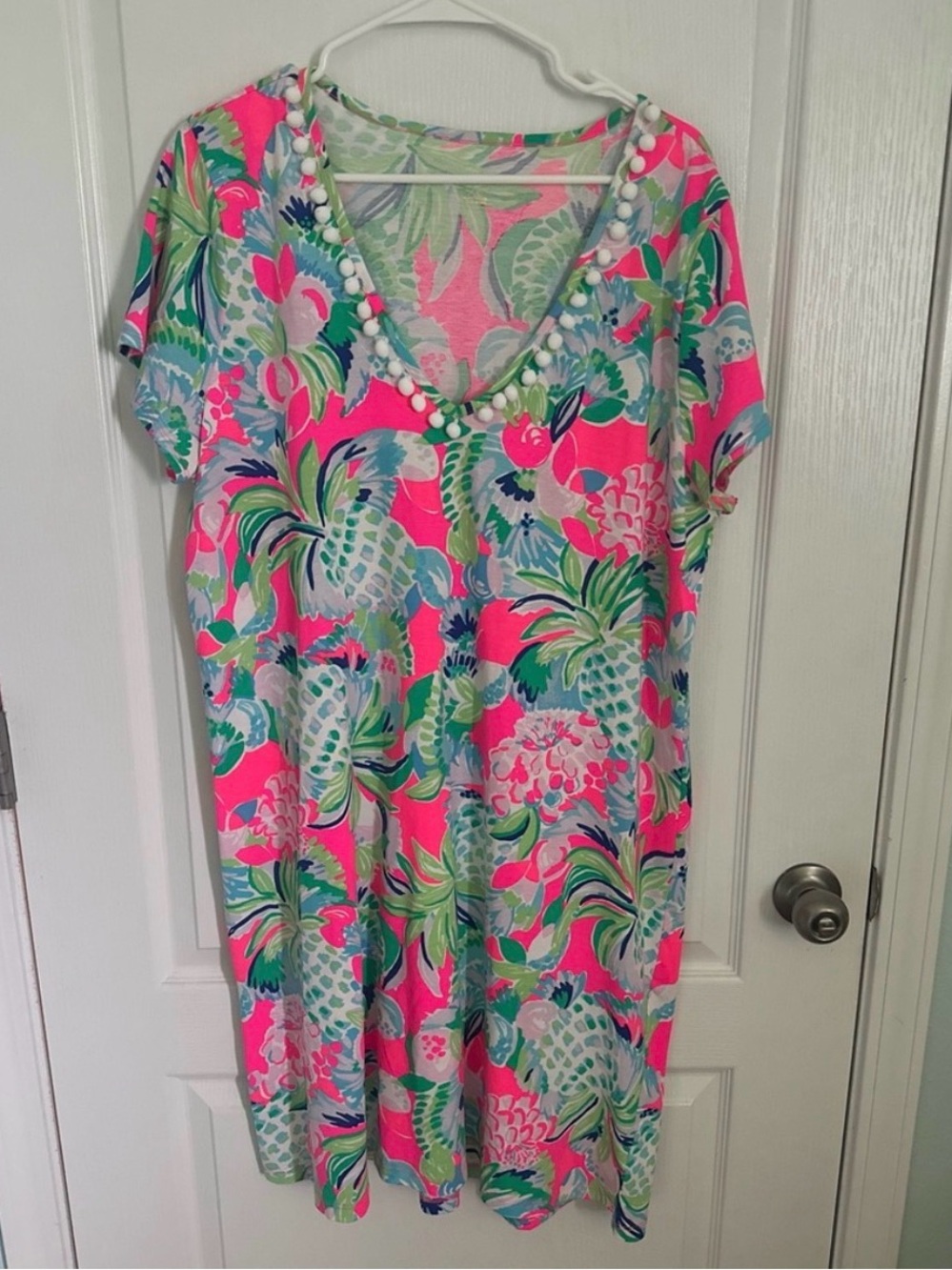 Lilly Pulitzer Pink Tropical Pom-Pom V-Neck Midi Dress